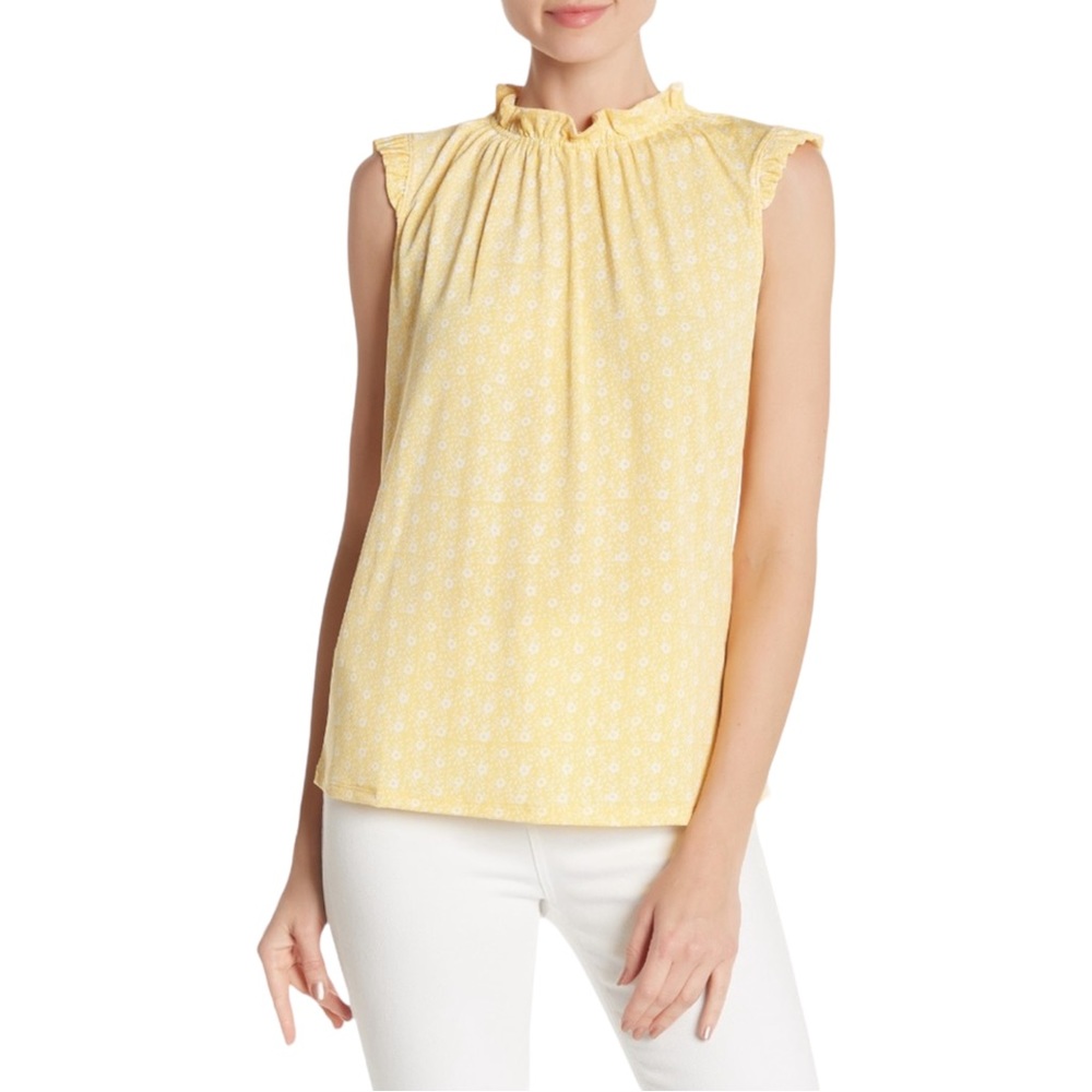 Adrianna Papell Ruffled Cap Sleeve Mock Neck Micro Floral Print Blouse Yellow S